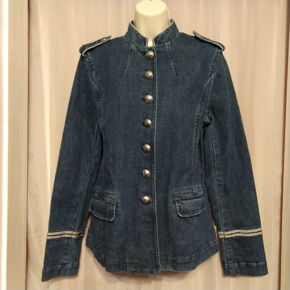 LRL Denim Military Jacket Silver Trim Epaulettes, Button Front Sz 10 NWT @$245!